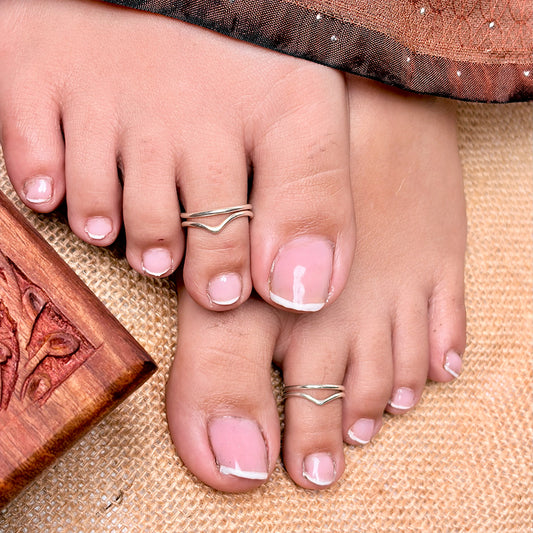 Minimal Twin Toe Ring 4-piece set (2 pairs) | Pure 925 Silver(Chandi) | Adjustable Fit