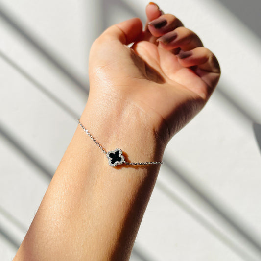 Lucky Clover Leaf Black 925 Hallmark Pure Silver Bracelet